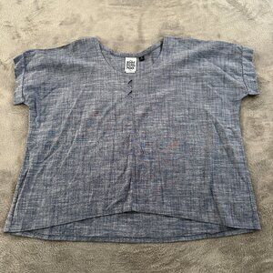 Sara Bergman Blue Cotton Cutout Short Sleeve Shirt Blouse MEDIUM Lagenlook